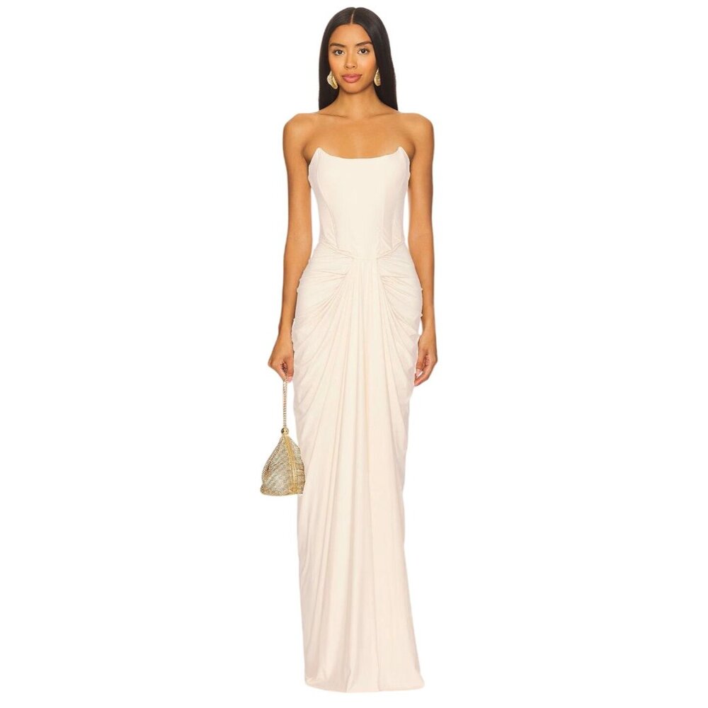 Strapless Elegant Ruched Maxi Dress in Ivory
